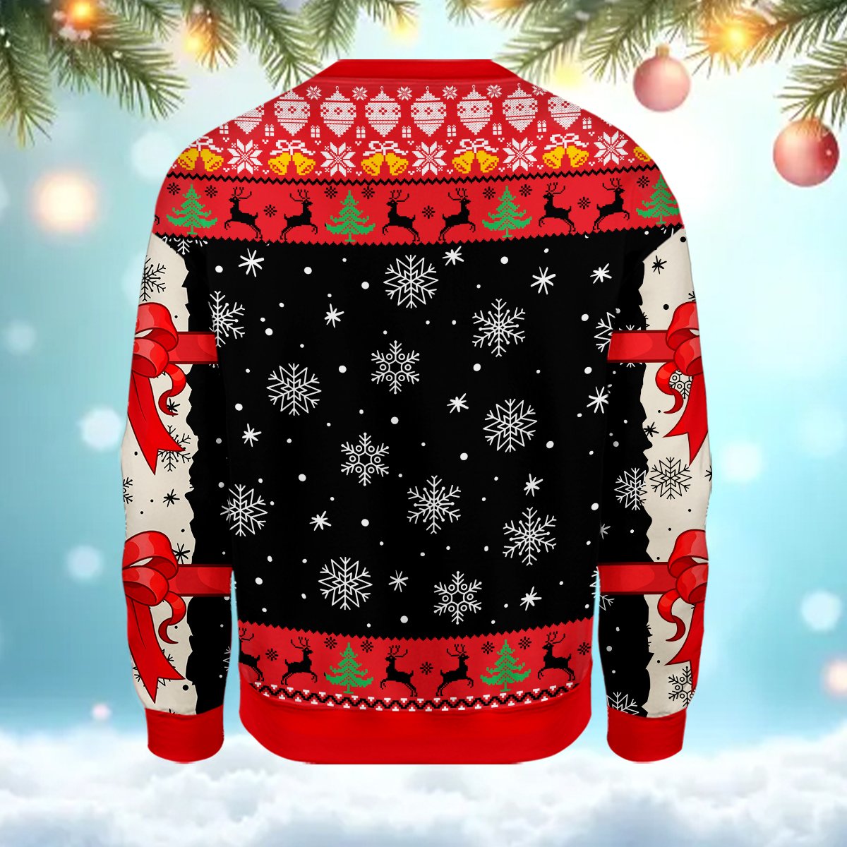 Back view of the red and black ugly christmas sweater funny pattern