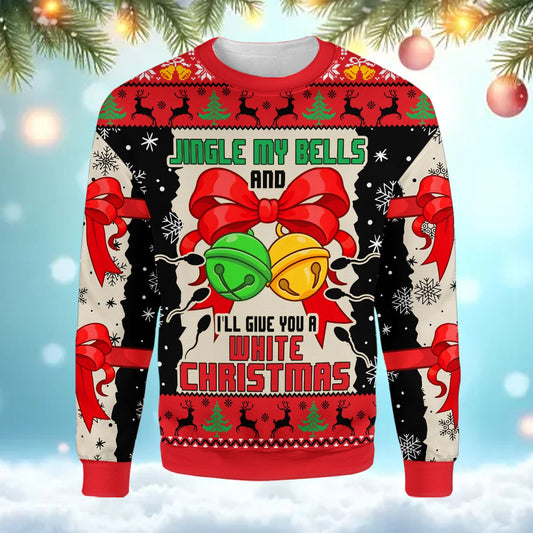 Main view of the naughty ugly christmas sweater with Jingle My Bells design
