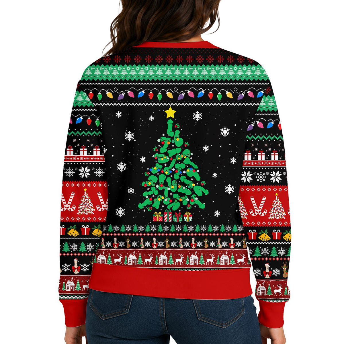 Back view of the funny NSFW ugly sweater with holiday patterns