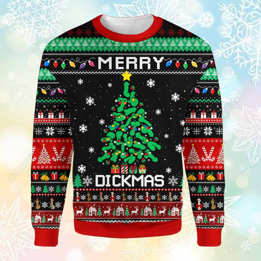 Front view of the funny NSFW ugly sweater featuring a Merry Dickmas design on a black background
