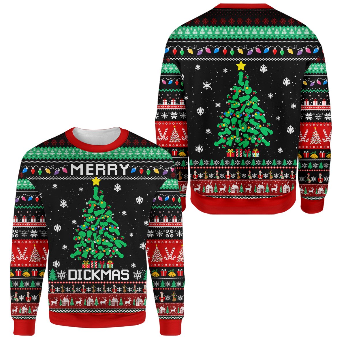 Detailed view of the Merry Dickmas text and penis tree design on the sweater