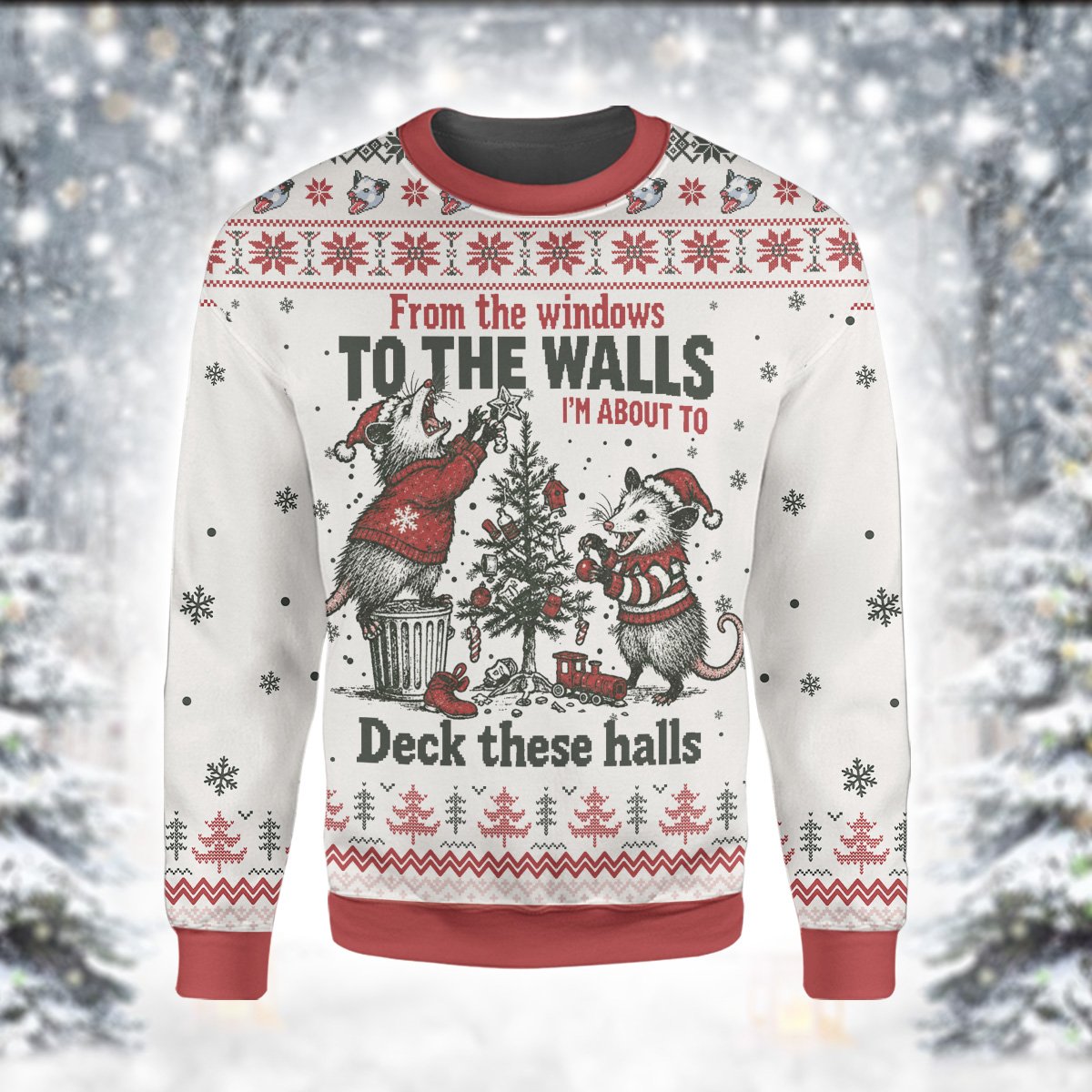 Front view of funny opossum christmas sweater ugly funny with tree and snowflakes