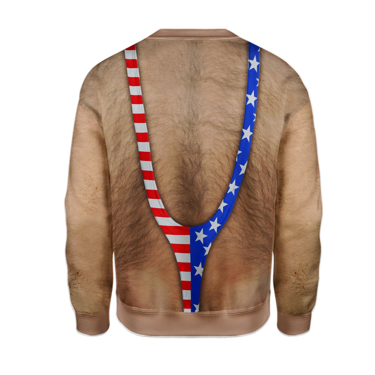 Patriotic ugly christmas sweater back view showing hairy back and mankini strap