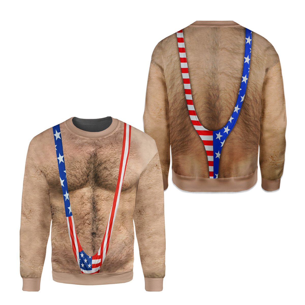 Patriotic ugly christmas sweater with hairy chest and flag mankini design, front view