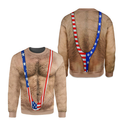 Patriotic ugly christmas sweater with hairy chest and flag mankini design, main view