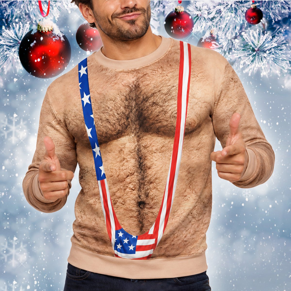 Person wearing the funny patriotic ugly christmas sweater in a lifestyle setting, alternate view