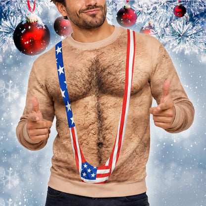 Person wearing the funny patriotic ugly christmas sweater in a lifestyle setting, alternate view