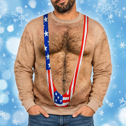 Person wearing the funny patriotic ugly christmas sweater in a lifestyle setting