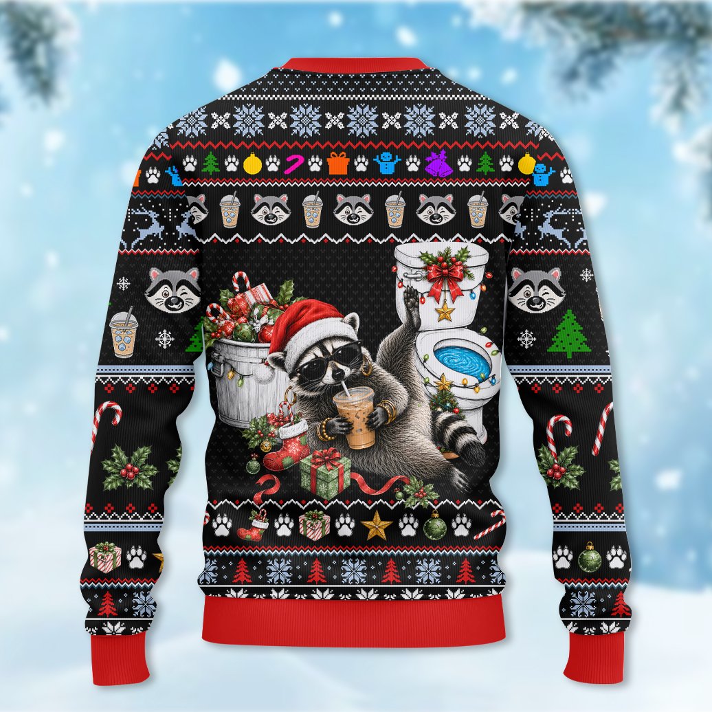 Back view of the raccoon ugly sweater