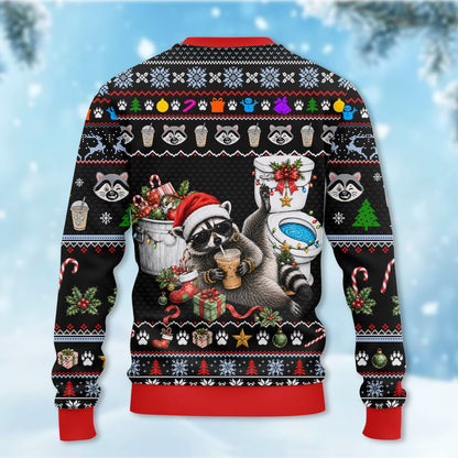 Back view of the raccoon ugly sweater
