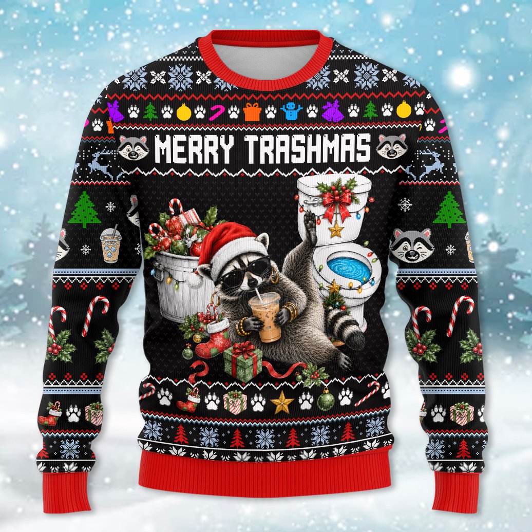 Ugly sweater funny raccoon design on black background, main view