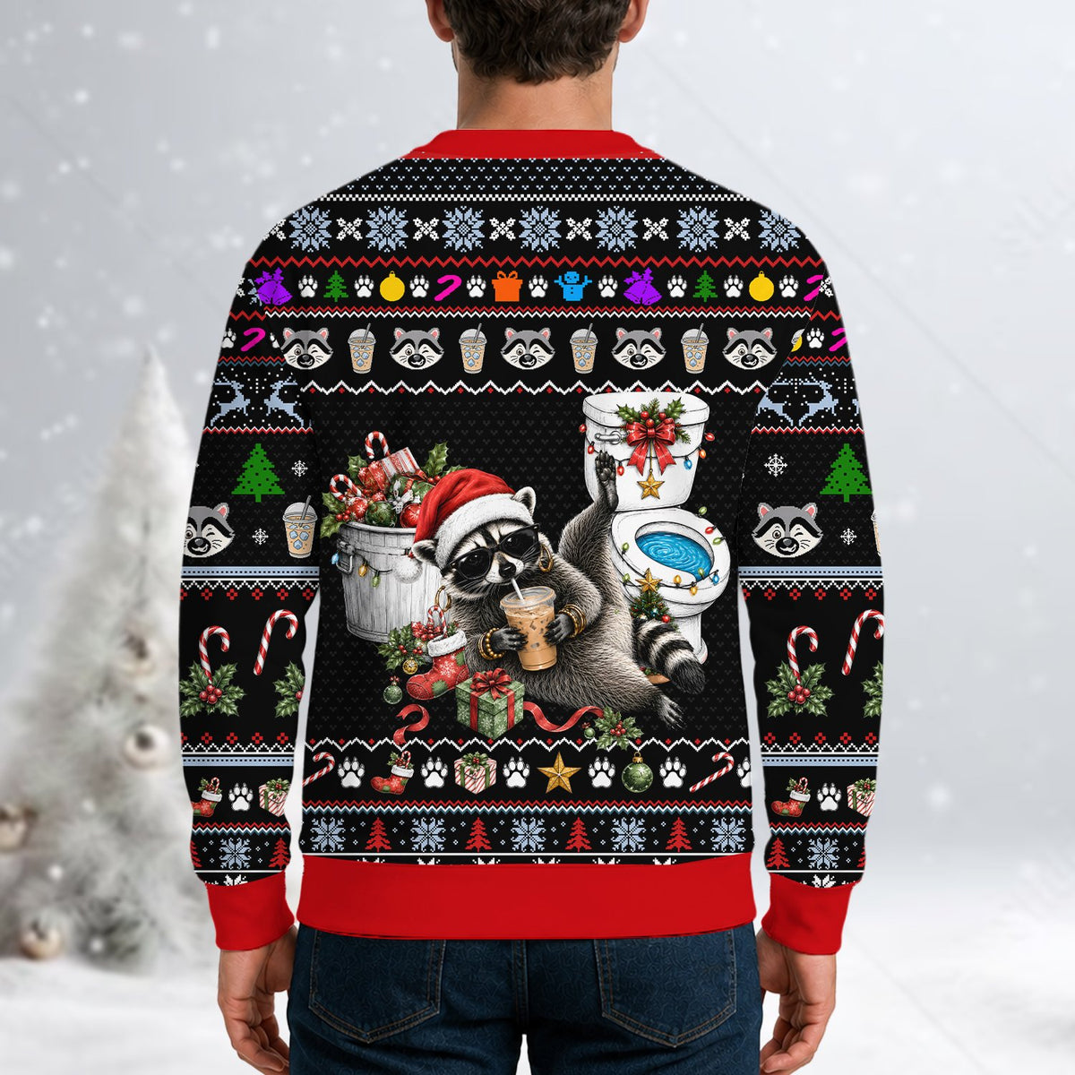 Another lifestyle view of the adult funny raccoon ugly sweater