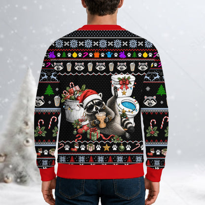 Another lifestyle view of the adult funny raccoon ugly sweater