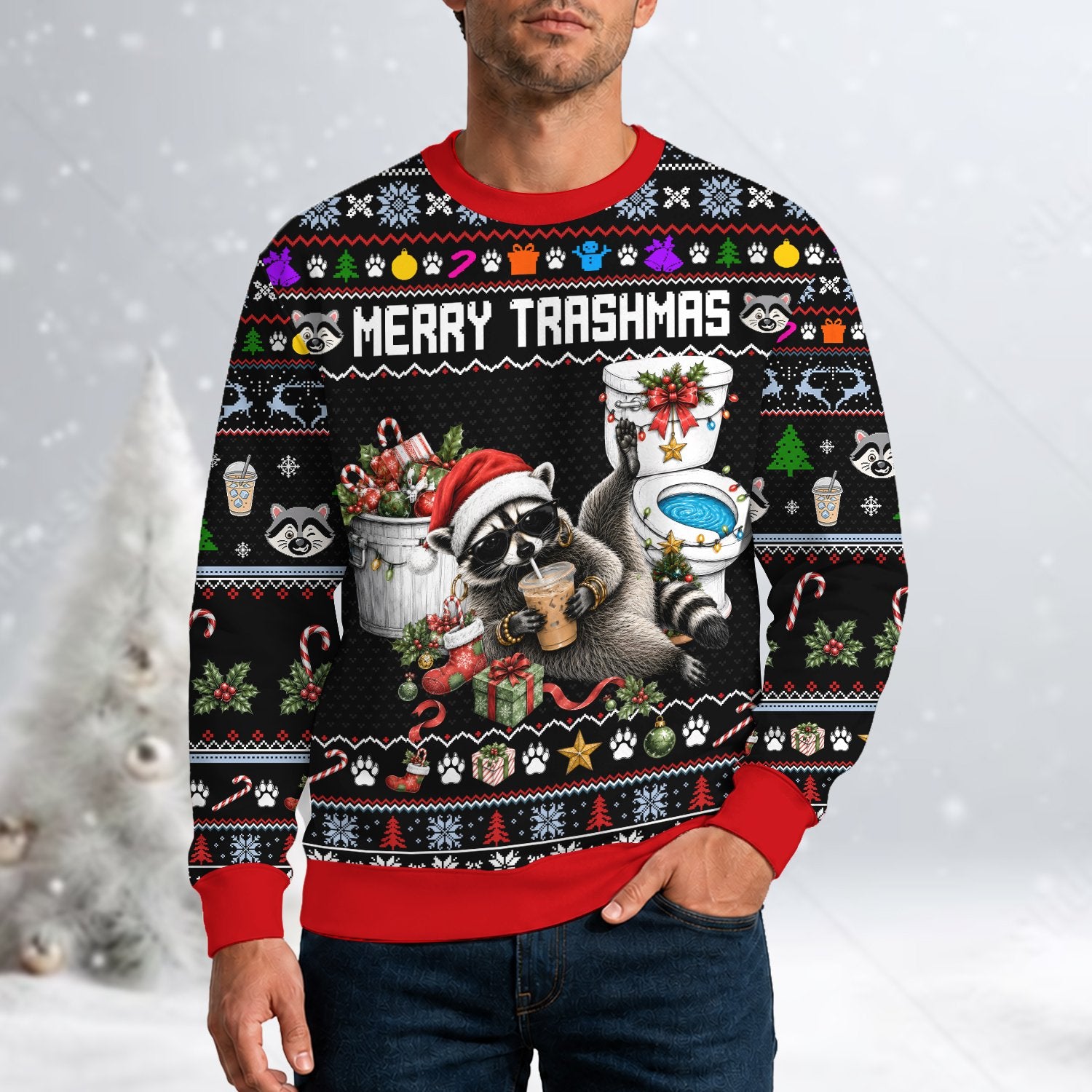 Lifestyle view of the holiday ugly sweater funny raccoon design