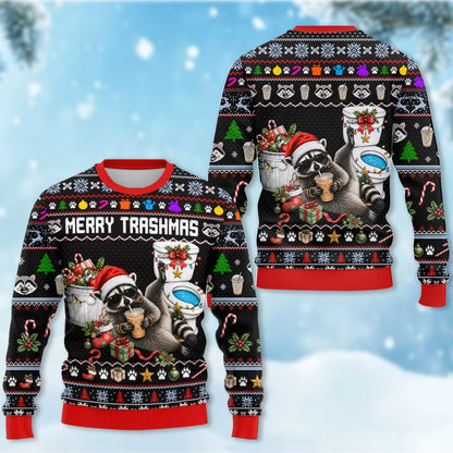 Additional view of the festive raccoon holiday sweater