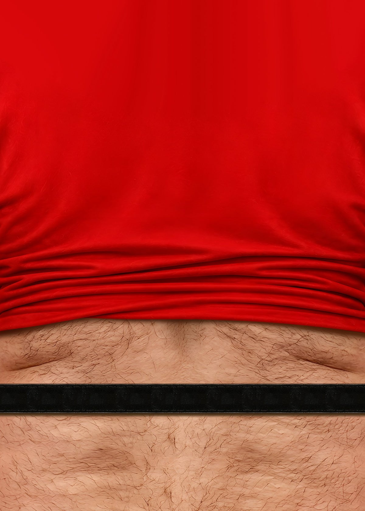Detail view of the printed black belt and Santa suit texture on the funny holiday sweater