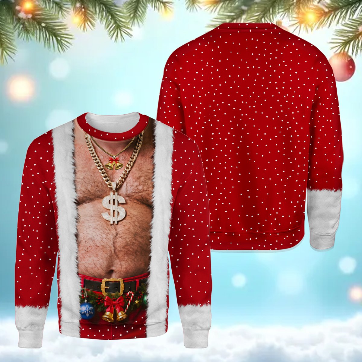 Another front view of the hilarious Santa hairy chest ugly sweater on a flat surface