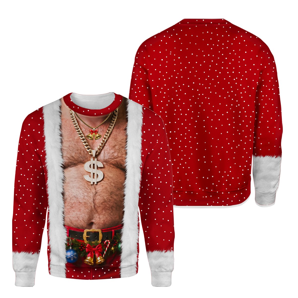Detailed front view of the funny Santa hairy chest ugly sweater