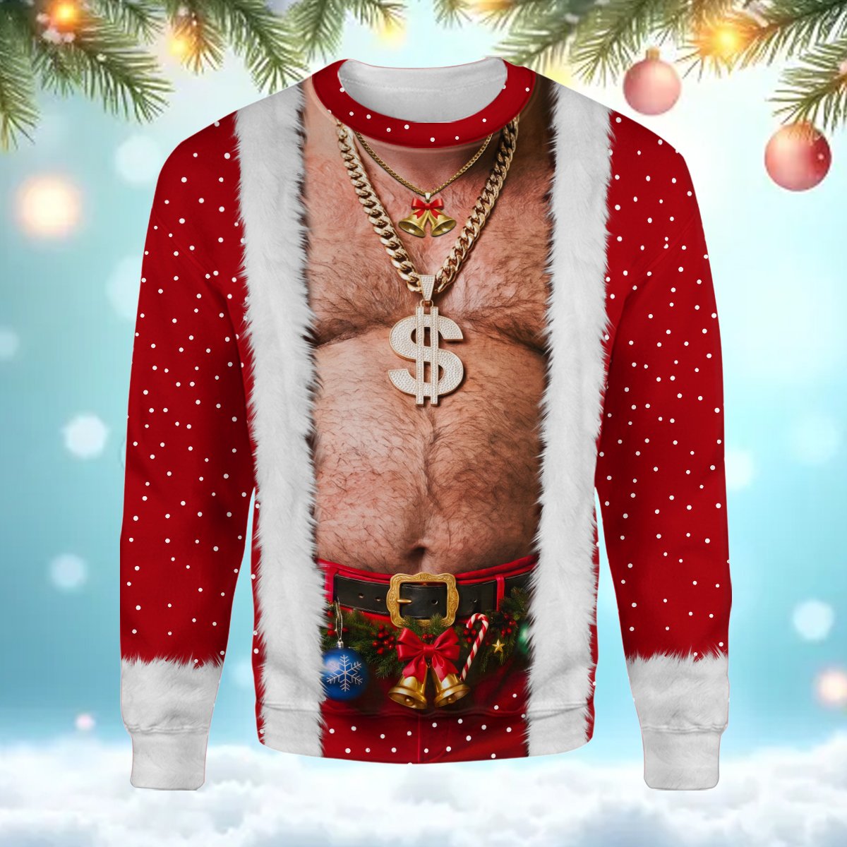 Santa claus ugly sweater featuring a funny hairy chest and faux Santa suit design, main front view