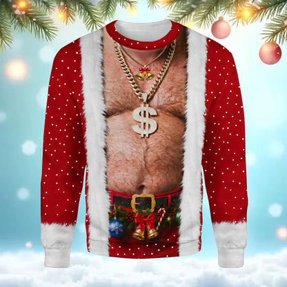 Santa claus ugly sweater featuring a funny hairy chest and faux Santa suit design, main front view