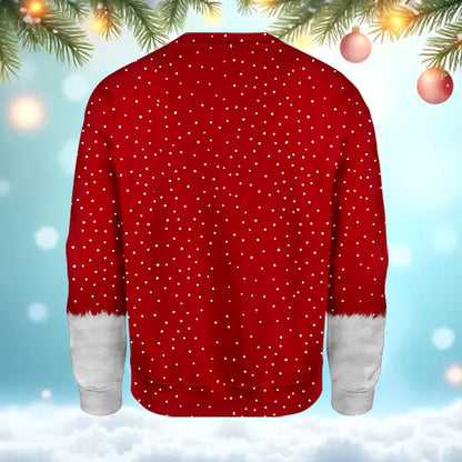 Back view of the red faux Santa suit ugly sweater