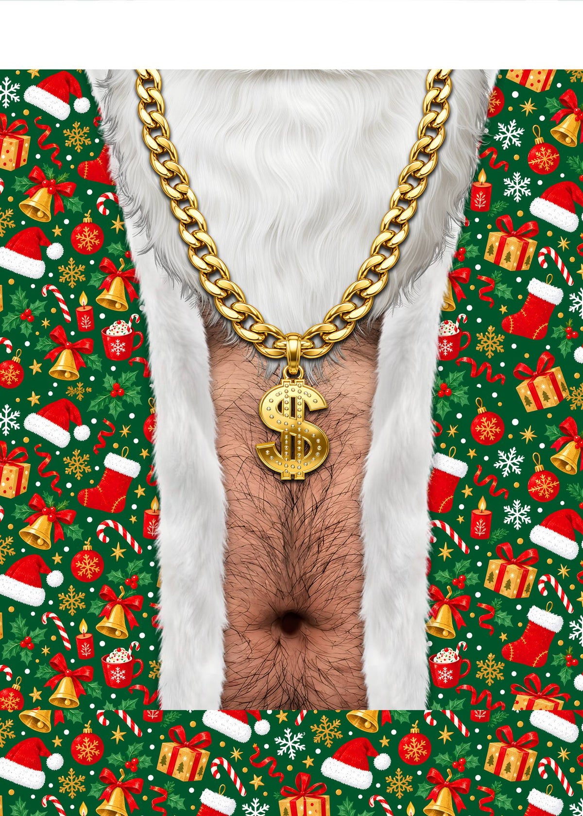 Front perspective of the hilarious Santa chest sweater