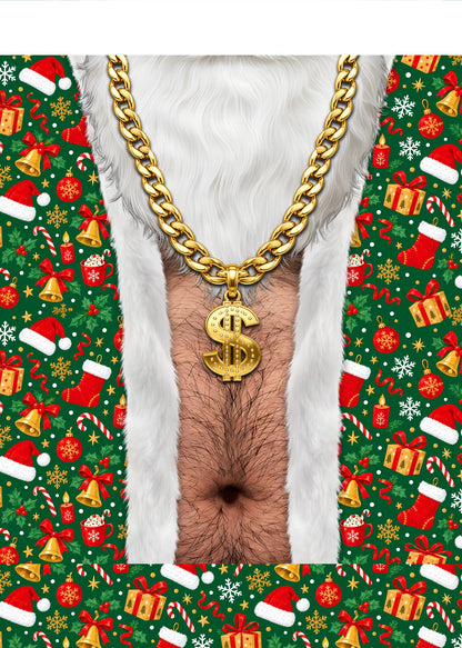 Front perspective of the hilarious Santa chest sweater