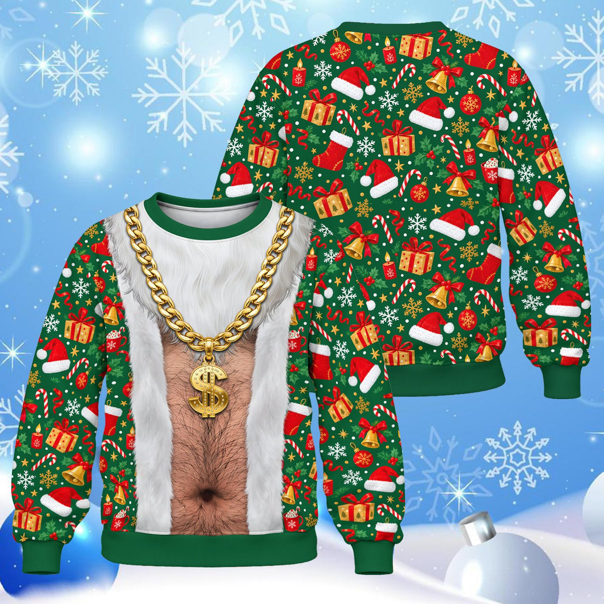Detailed front view of the funny christmas ugly sweater