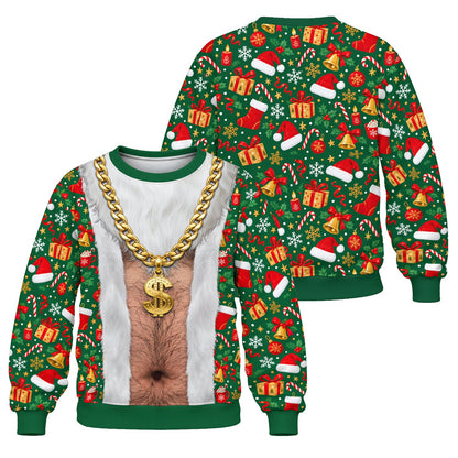 Front view of the funny Santa ugly sweater with green holiday sleeves