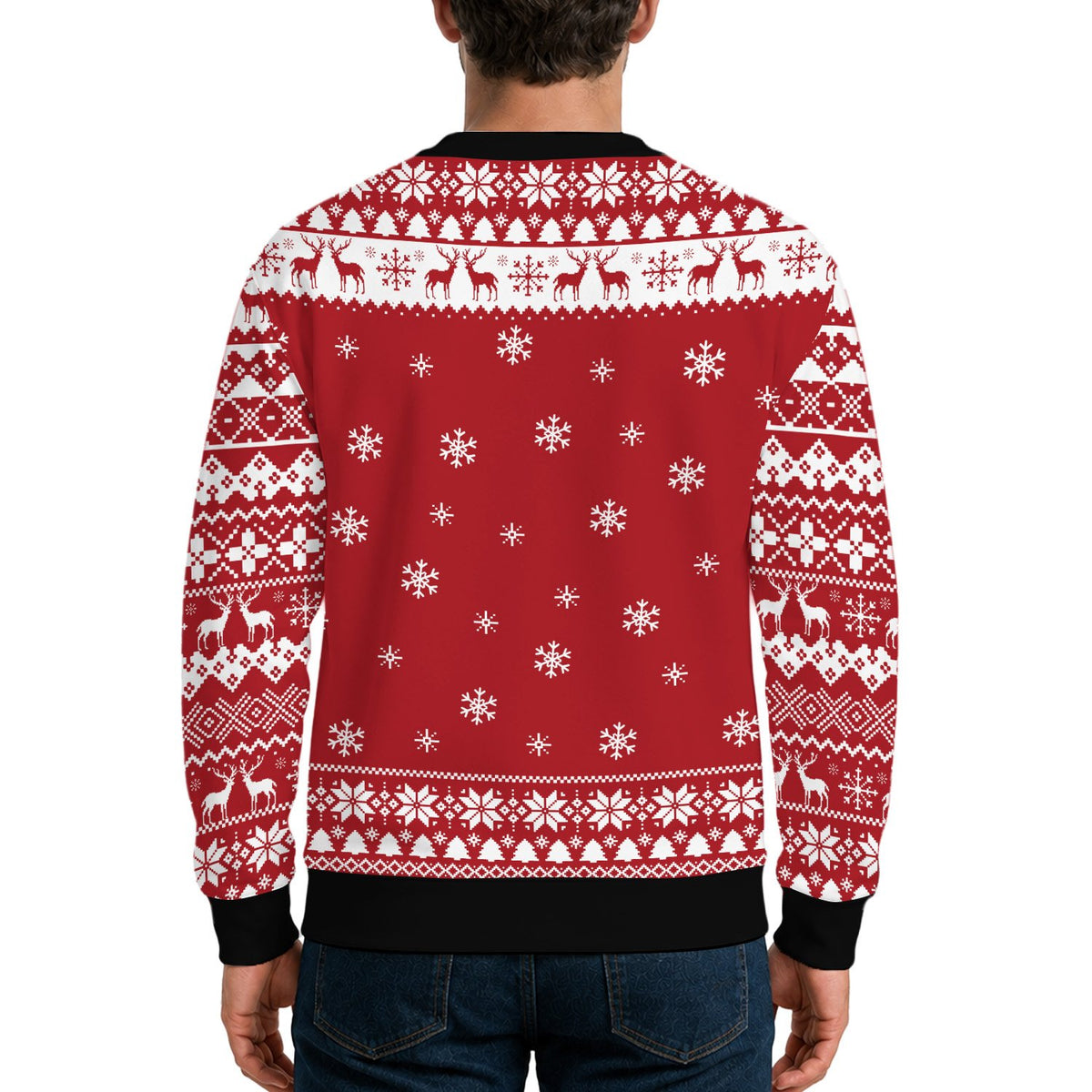 Second back view of red funny santa ugly christmas sweater