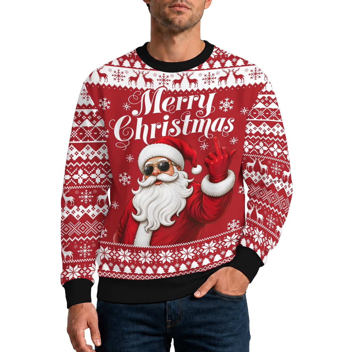 Front of red funny santa ugly christmas sweater