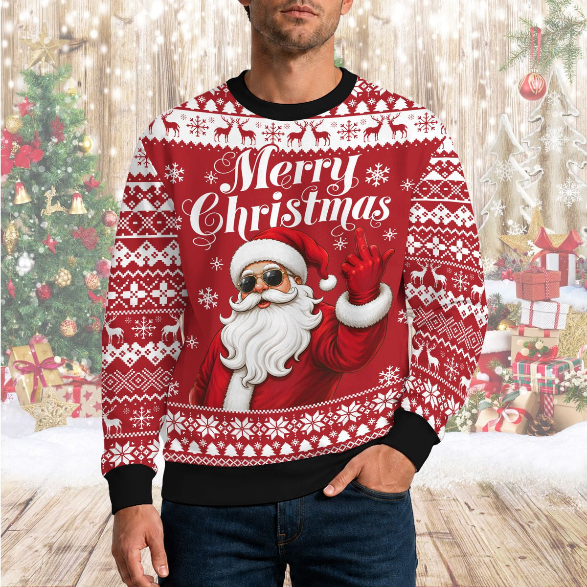 Lifestyle view 4 of funny santa ugly christmas sweater
