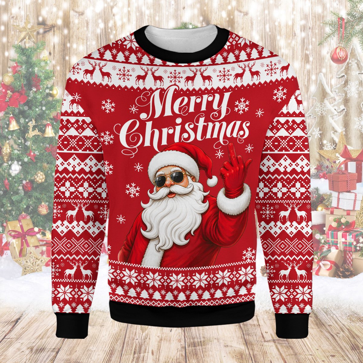 Person wearing funny santa ugly christmas sweater lifestyle view