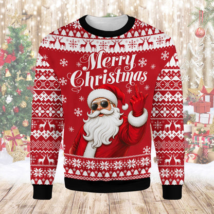 Person wearing funny santa ugly christmas sweater lifestyle view