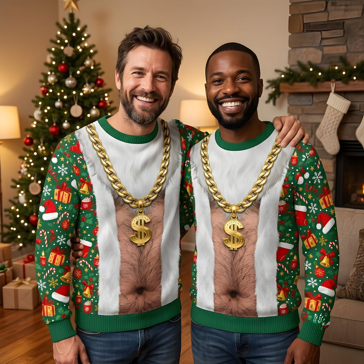 Lifestyle view of a person wearing the funny Santa ugly sweater