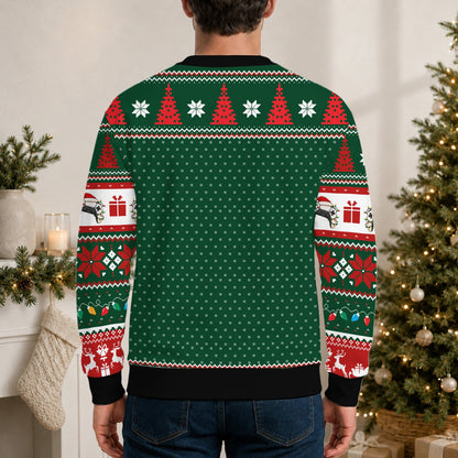Adult green holiday ugly sweater, back view