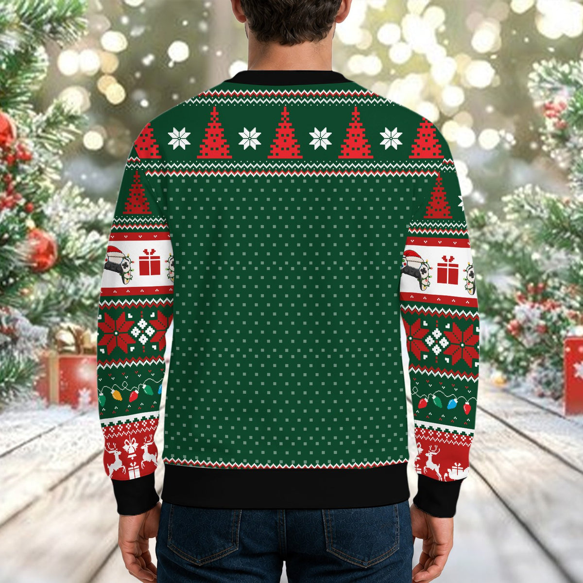 Festive green seasonal ugly sweater, back view