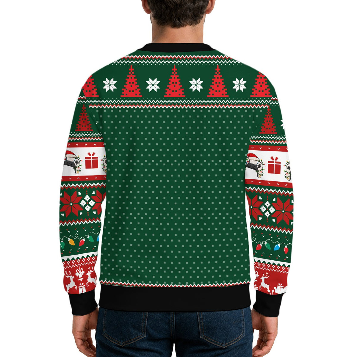 Green gamer ugly sweater, back view
