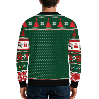 Green gamer ugly sweater, back view