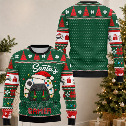 Festive gamer ugly christmas sweater featuring pixelated trees, front view