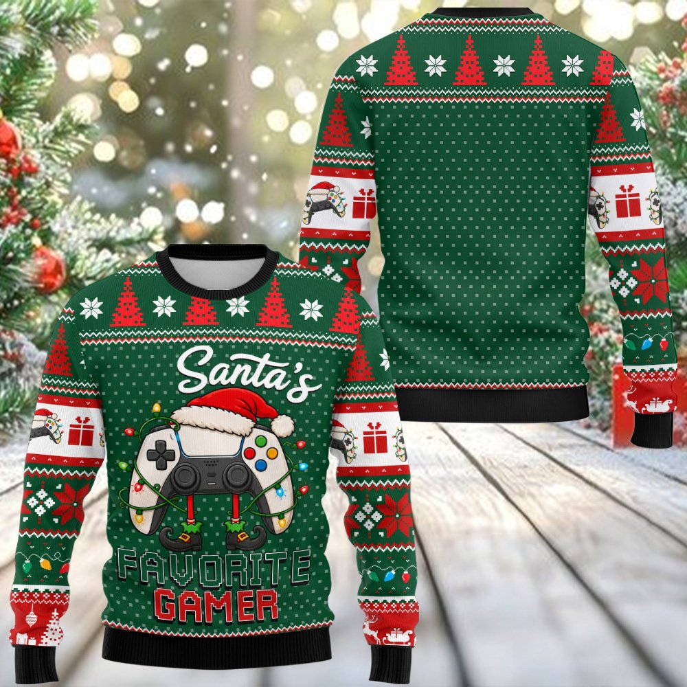 Adult green gamer ugly sweater with holiday controller graphic, front view