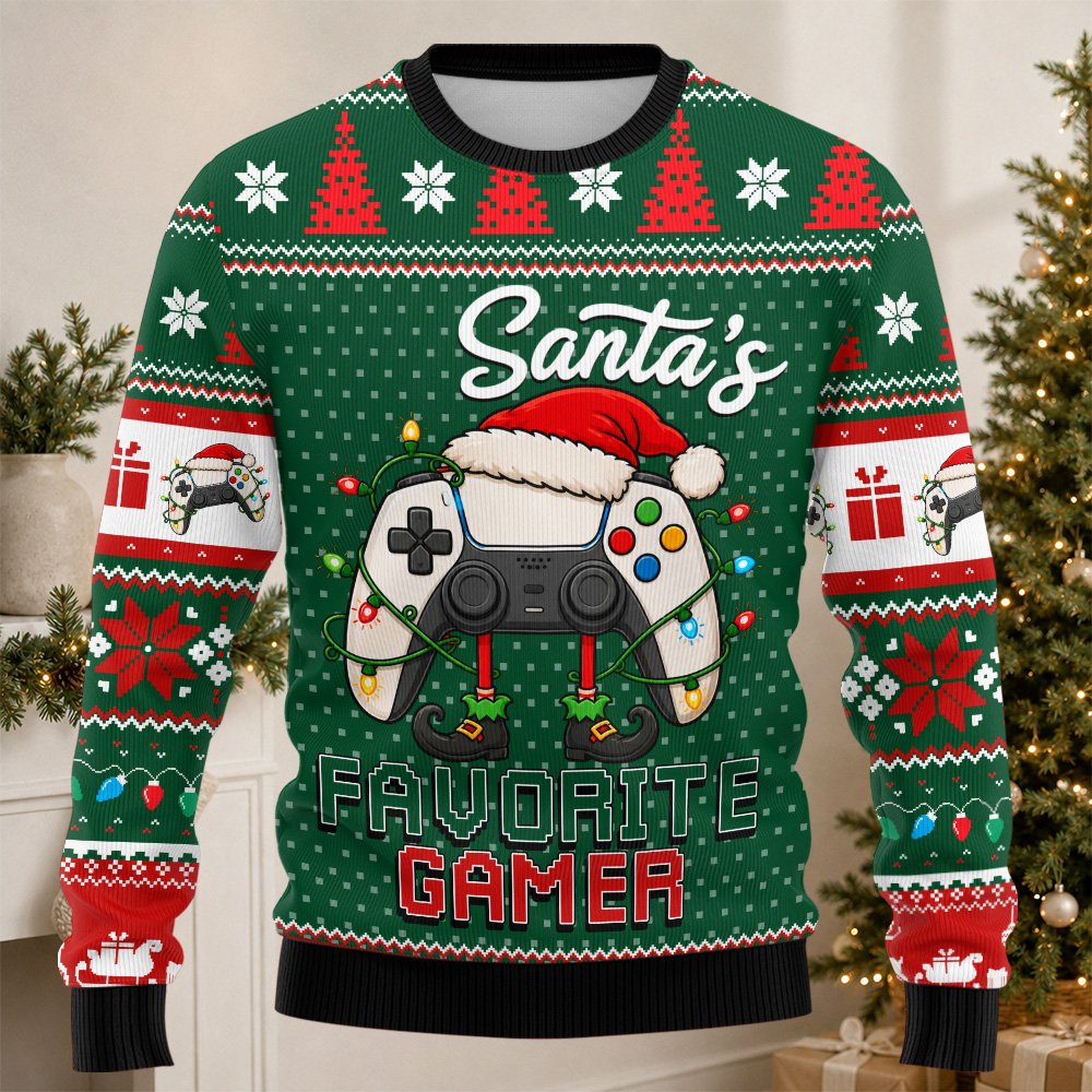 Gamer ugly sweater with string lights and snowflake details, front view