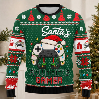Gamer ugly sweater with string lights and snowflake details, front view