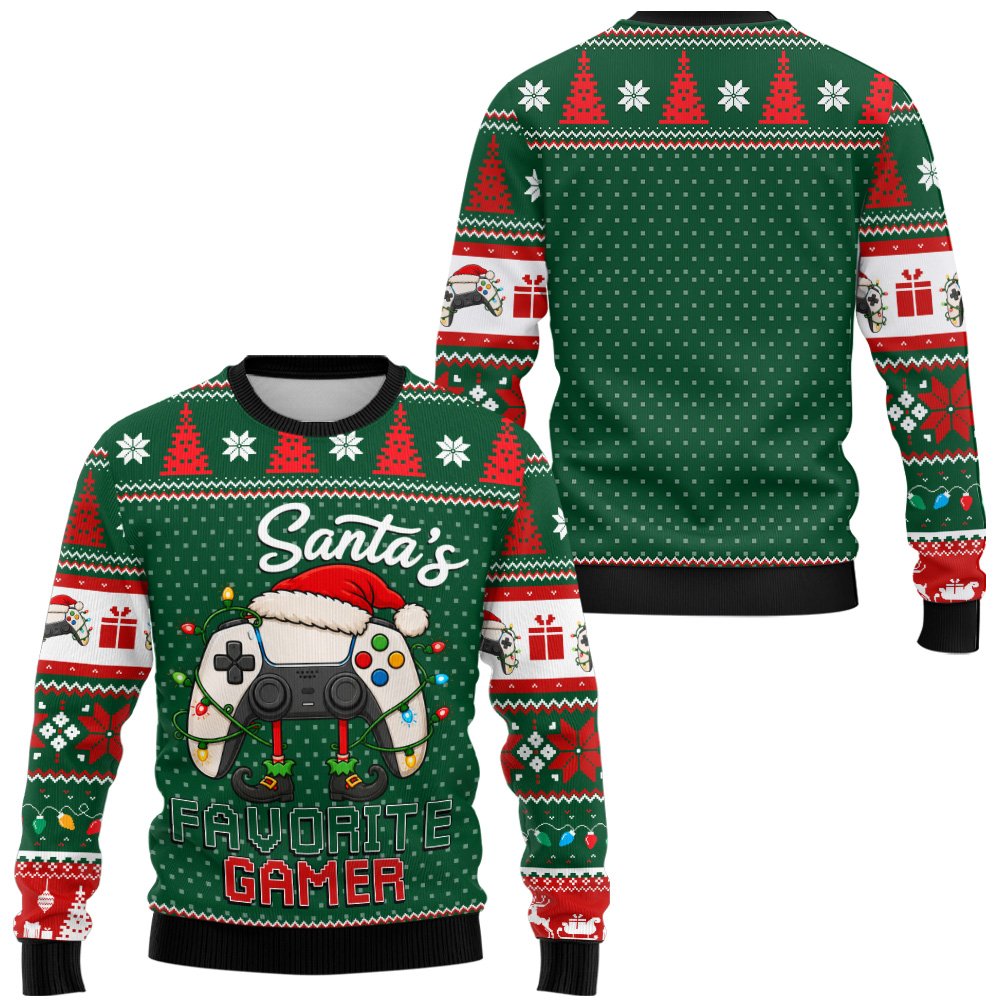 Green gamer ugly sweater with Santa controller design, front view