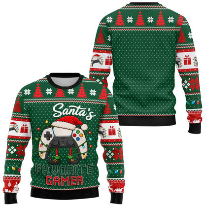 Green gamer ugly sweater with Santa controller design, front view