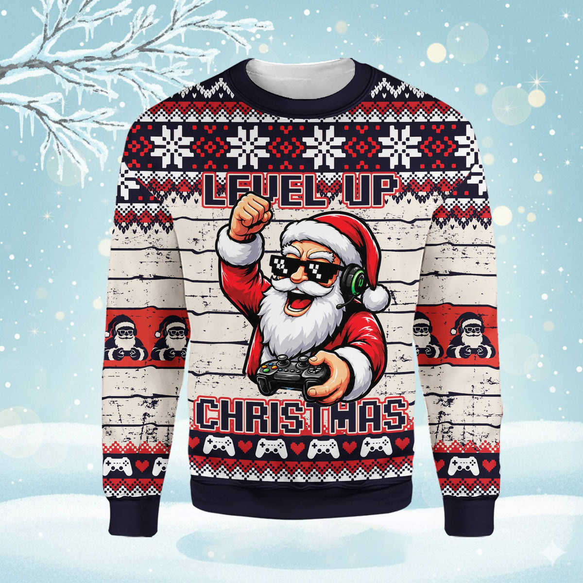Detailed front view showing Santa with a headset and game controller on the holiday ugly sweater