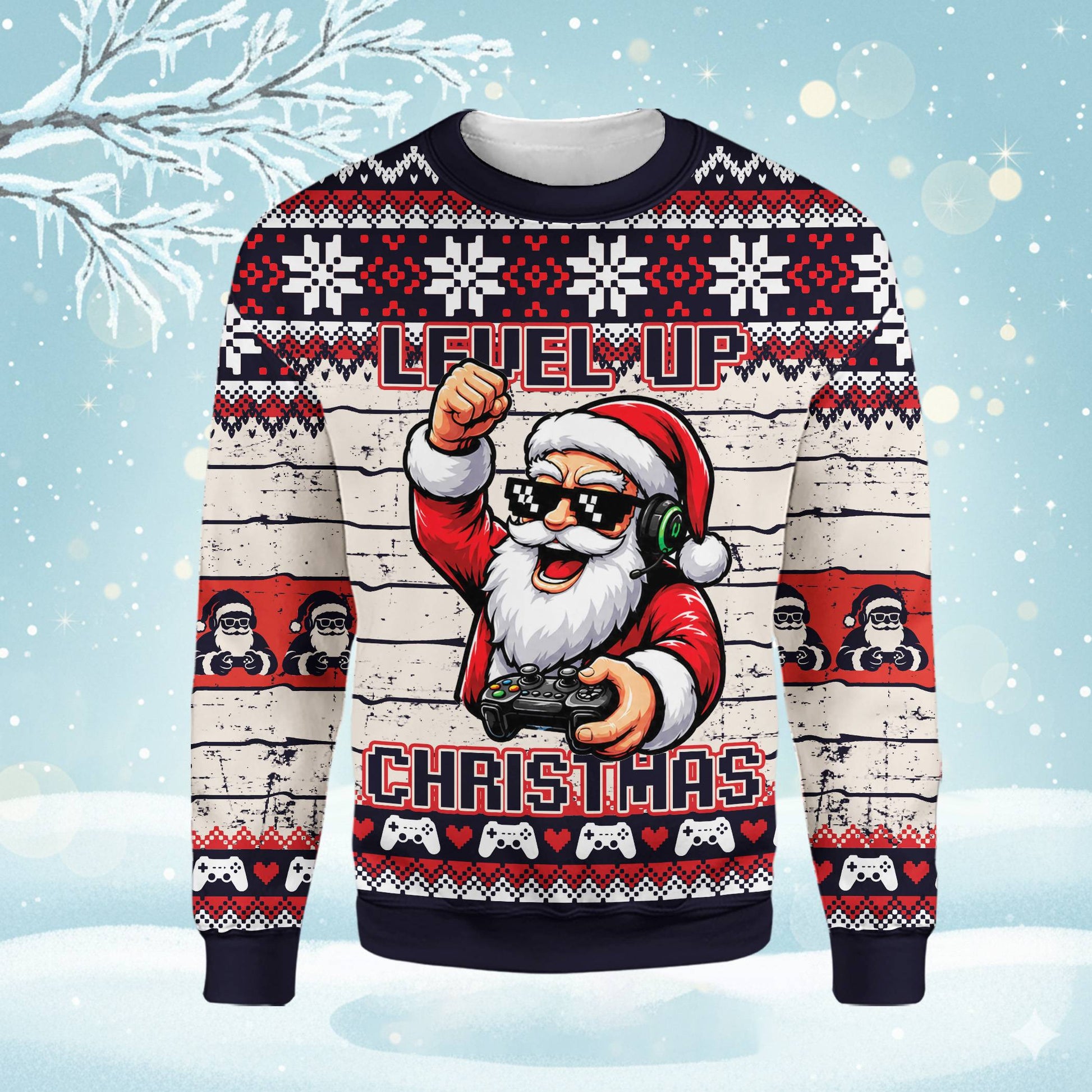 Detailed front view showing Santa with a headset and game controller on the holiday ugly sweater