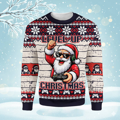 Detailed front view showing Santa with a headset and game controller on the holiday ugly sweater