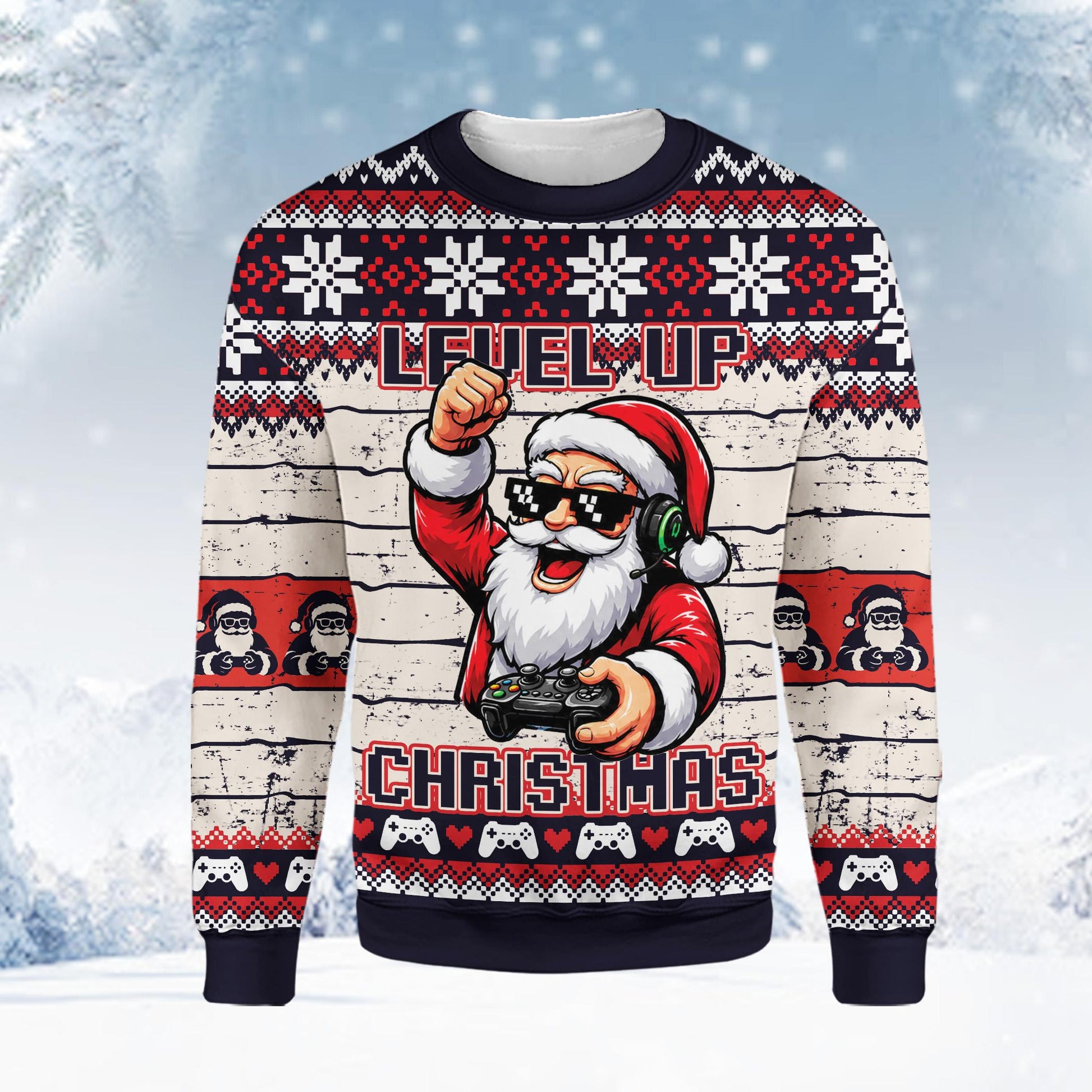 Main view of the gaming ugly holiday sweater men featuring a gamer Santa and Level Up Christmas text