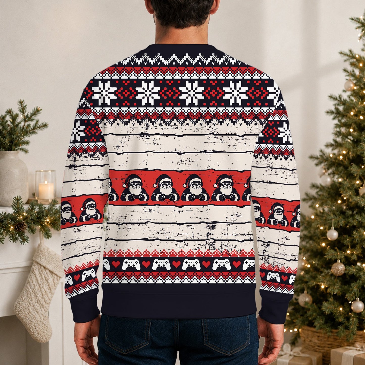 Second lifestyle view showing the gaming ugly sweater in a festive setting